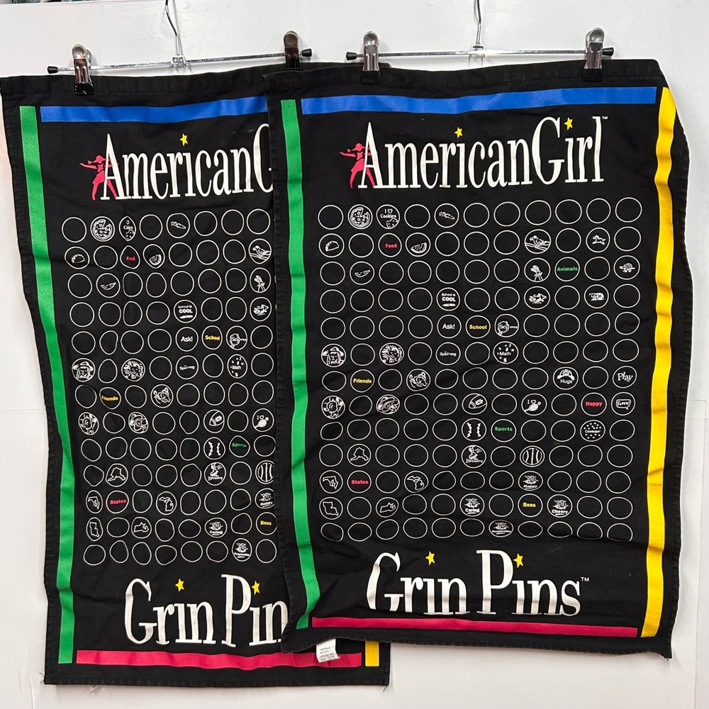 Vintage American Girl Grin Pins Black Canvas Display Banner Set of 2